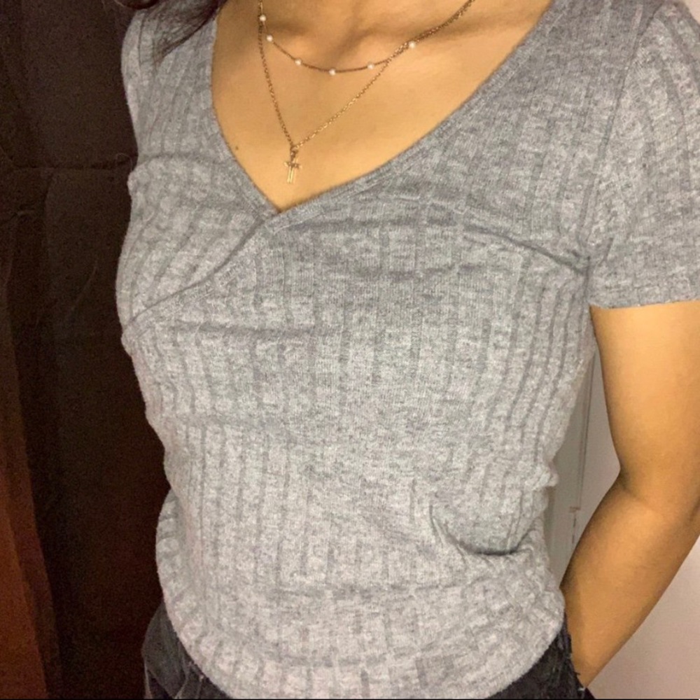 Gray Ribbed Wrap-Front Top - Picture 3 of 4